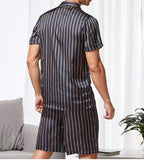 Men Lapel Neck Striped Shirt & Shorts PJ Set