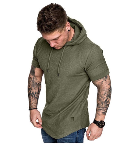 Patched Drawstring Hooded Tee